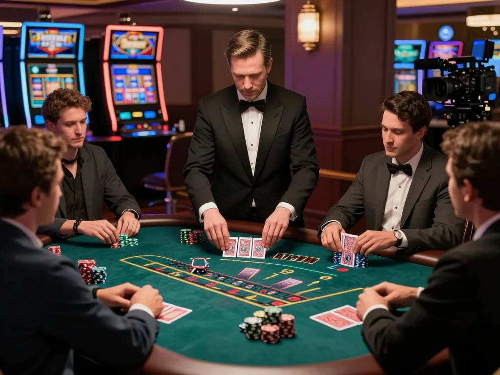 VT88 players strategizing at a blackjack table, capturing casino excitement and strategic gameplay