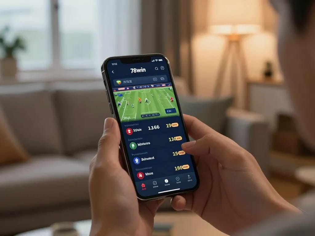 Excited sports betting on 78win mobile app with real-time game odds displayed.