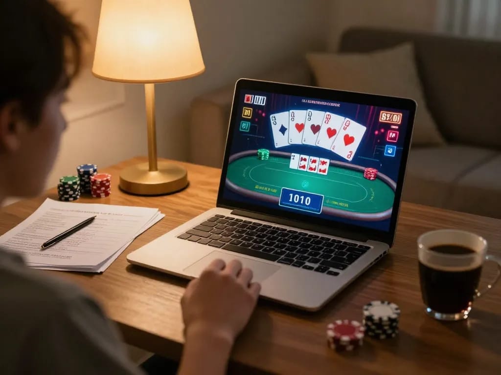 Player engaged in an online poker game on vnloto88 com with strategy notes on the table.