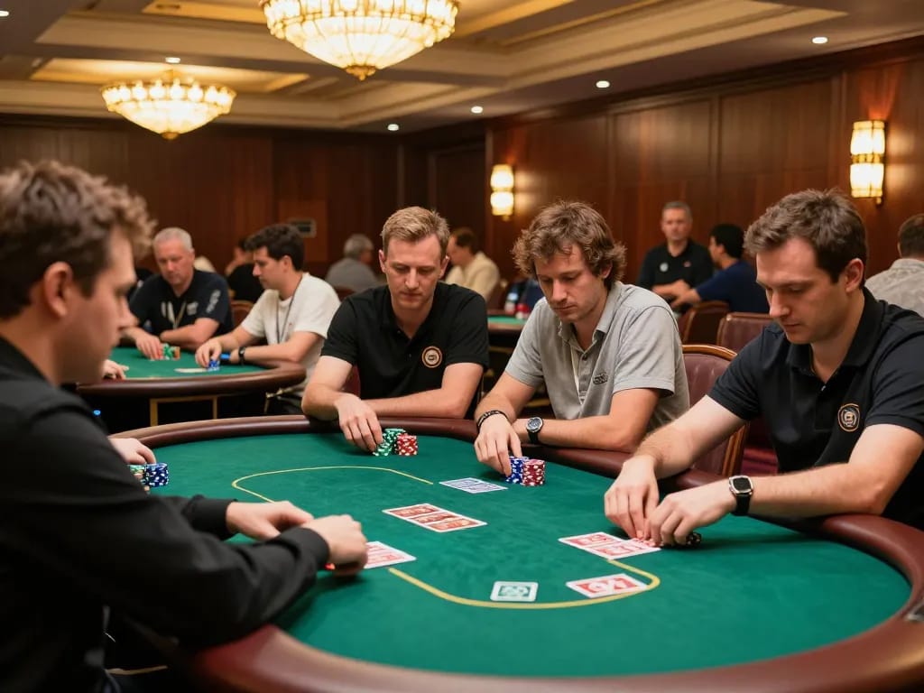 DA88 players competing in a lively casino poker tournament with chips and cards on display.