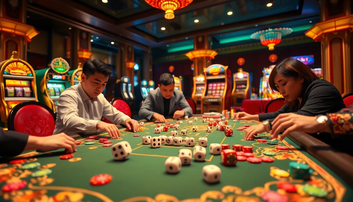 Play Tai Xiu with enthusiasm at a lively casino table filled with colorful chips and dynamic dice.