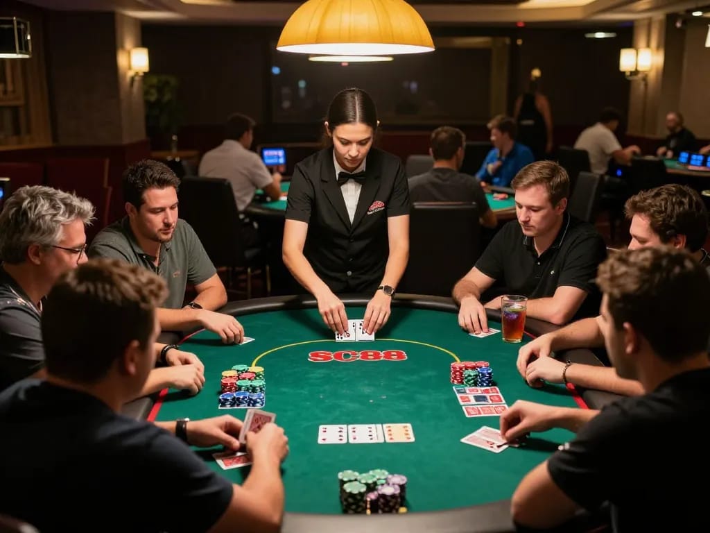 Engaged players strategizing at SC88 live dealer poker table, showcasing dynamic gameplay and immersive atmosphere.