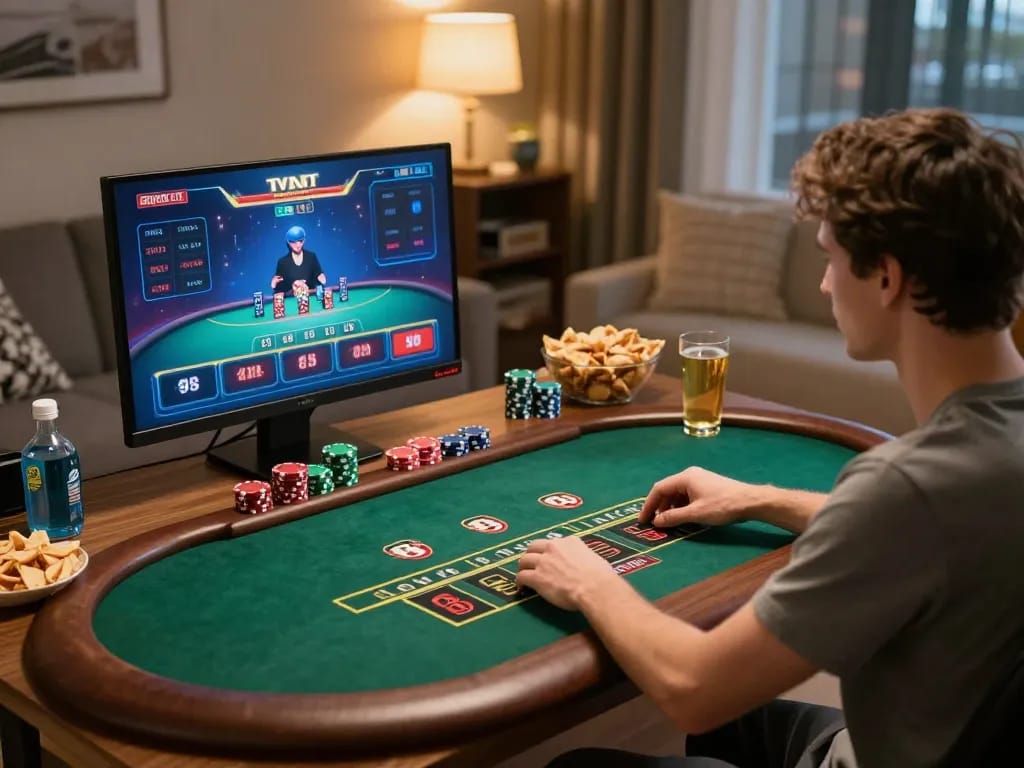Engaging in strategic blackjack gameplay at lc88 online casino from the comfort of home.