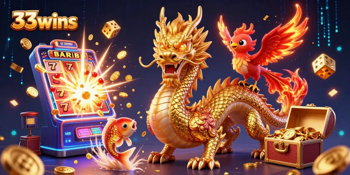 Experience the excitement of 33wins with dynamic visuals of slots, dragon, and phoenix.
