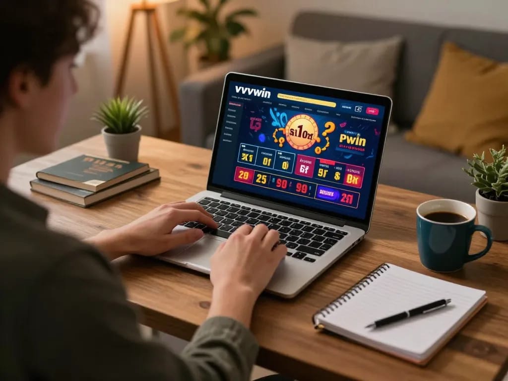 Player enjoying strategic gameplay on vvvwin online casino platform from home.