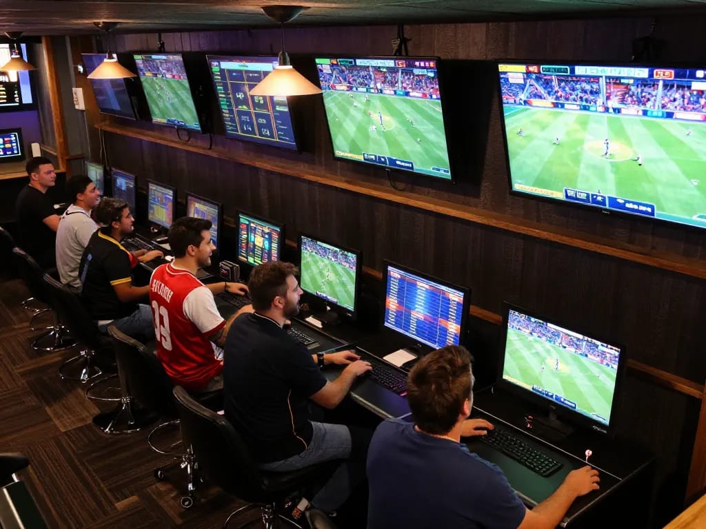 Betting action at lc88pro's sports lounge with lively fans engaged in wagering.