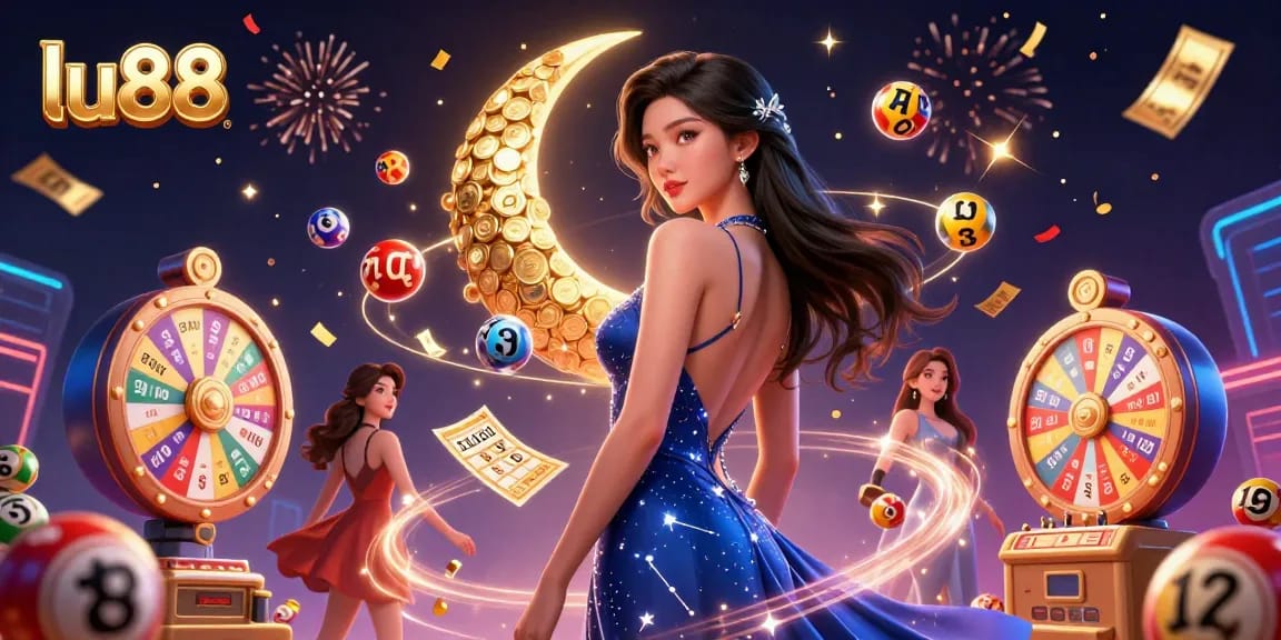 Experience the thrilling moments of lu88 with a vibrant, dynamic online casino scene featuring a stunning Asian woman and engaging lottery elements.