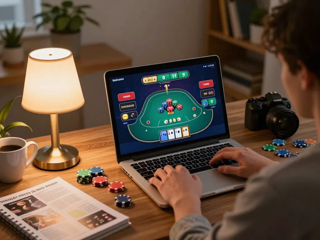 lu88 user engaged in a focused online poker game from home, showcasing strategy and comfort.