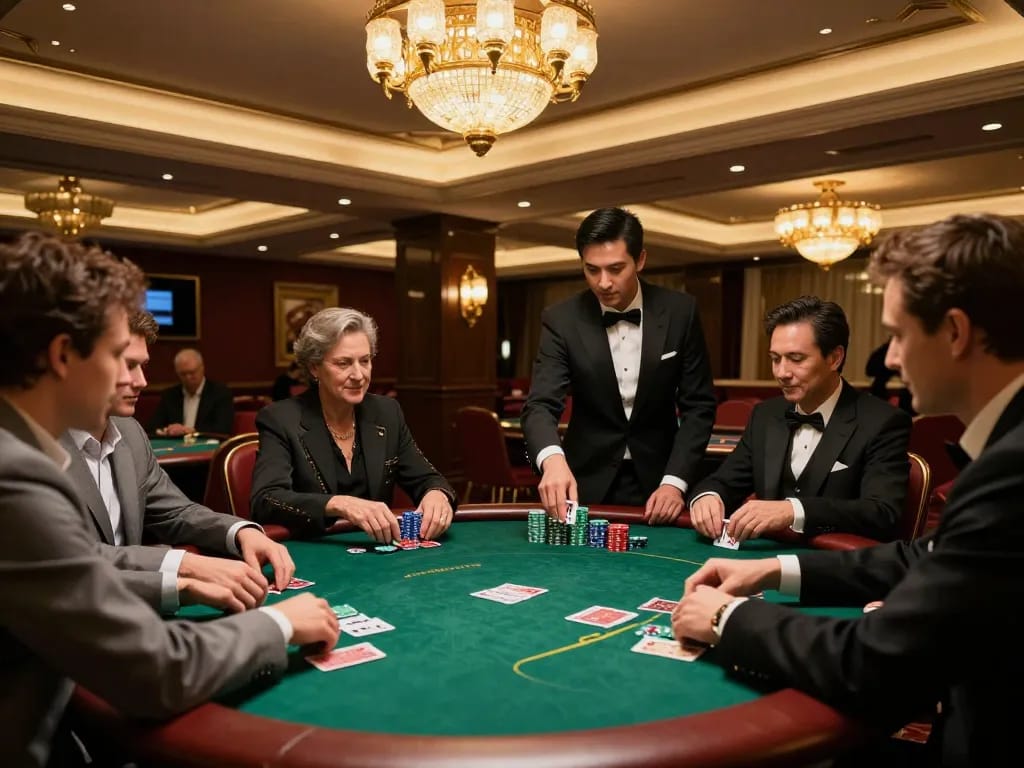 Players engaged in strategic poker gameplay at a luxurious casino, man88a atmosphere enhancing the excitement.