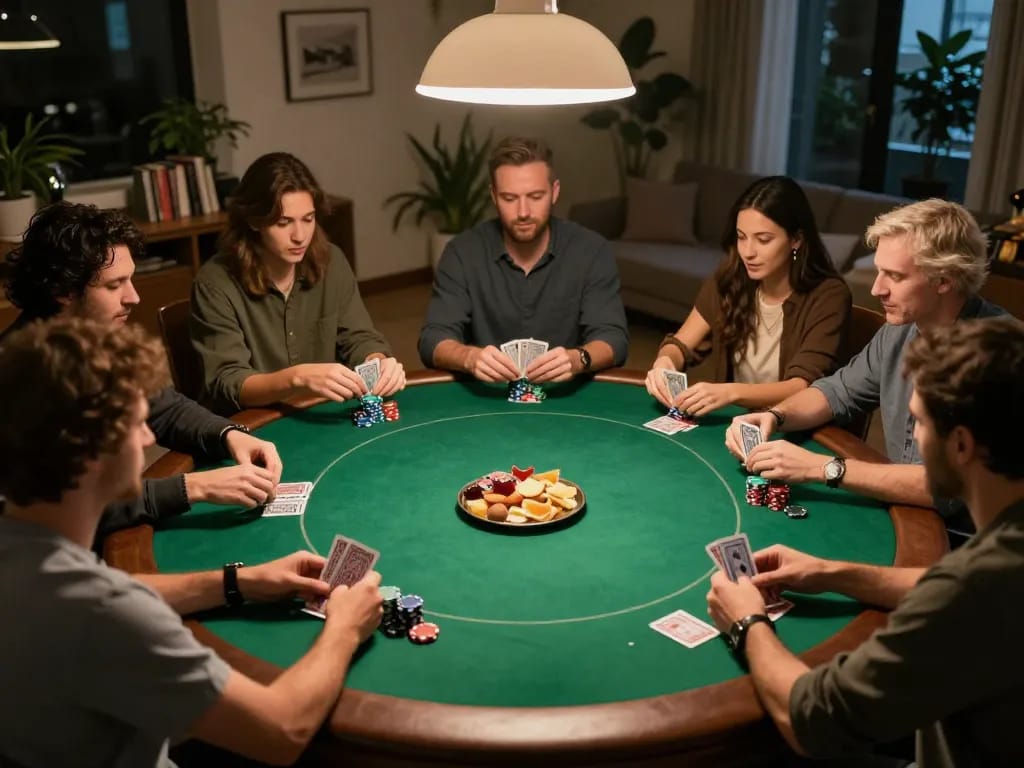 Friends enjoying poker night at home, using https://tr88bet.com/ for gaming strategy.