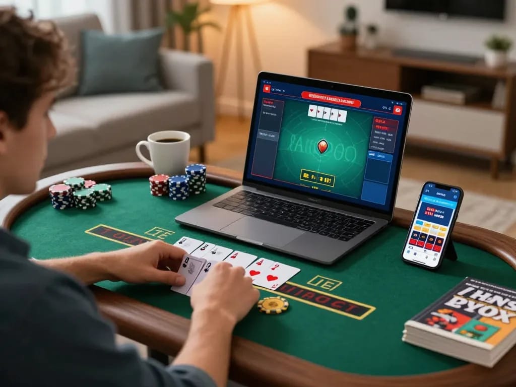 Engaging online blackjack gameplay at home showing 555win interface, player focused on winning.
