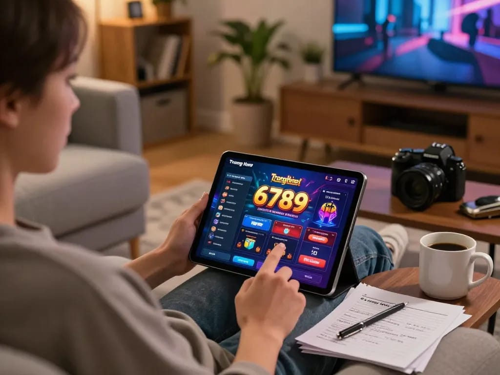 Engaging with the Trang chủ 6789 casino app on a tablet in a stylish home setting.