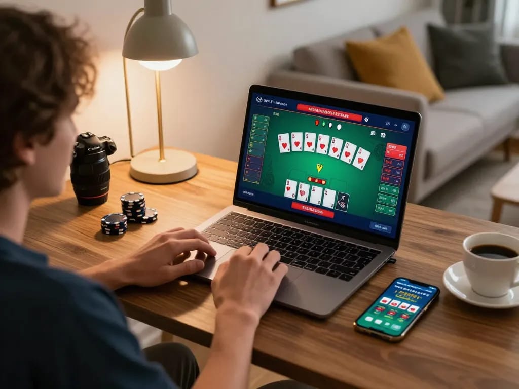Player enjoying RED88 live dealer blackjack on a laptop in a cozy home setting