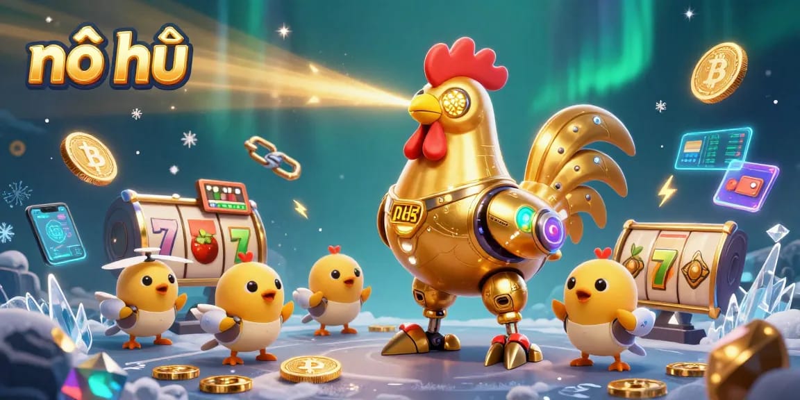 Spin the nổ hũ reels with golden rooster robot and baby chick drones amidst vibrant casino action.