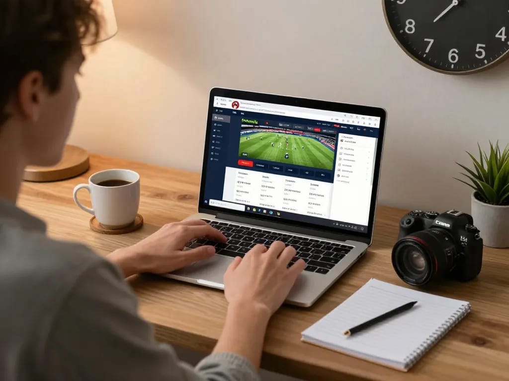 Engaging online betting scene showing ty le keo nha cai live odds on a laptop with strategic notes nearby.