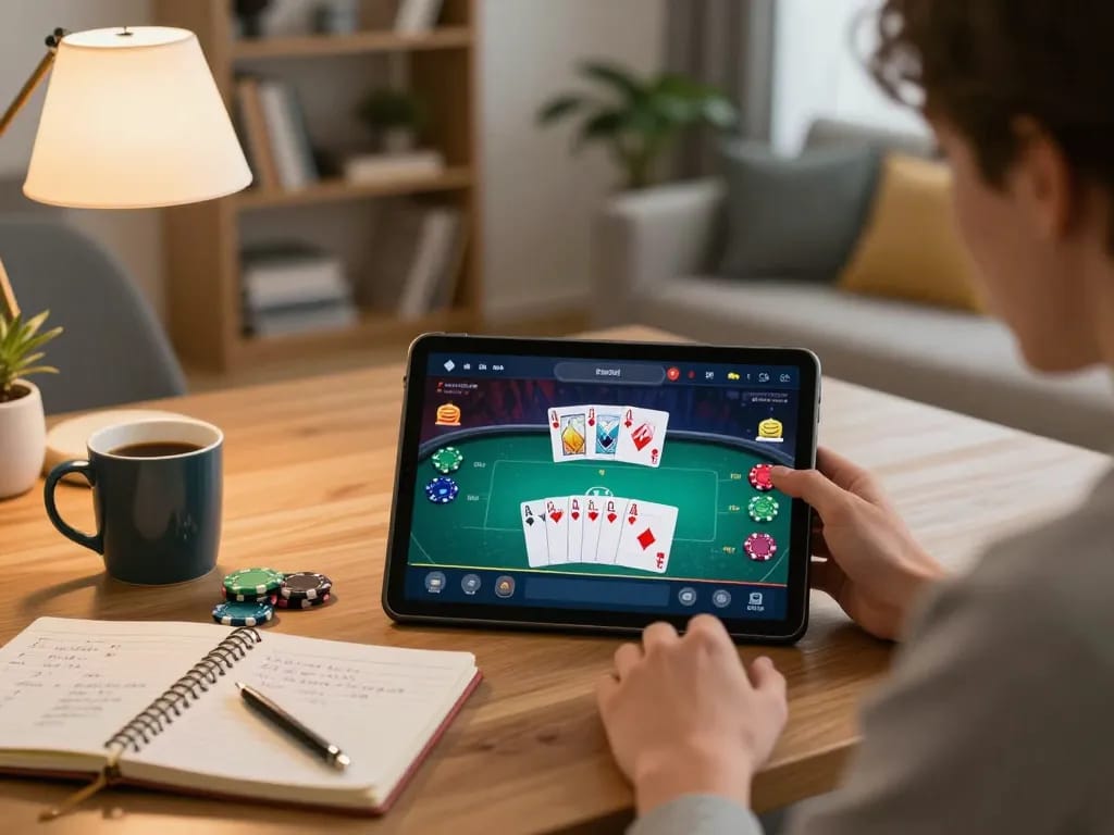 Train your skills on TR88 poker with a warm home gaming scene, highlighting strategic gameplay.