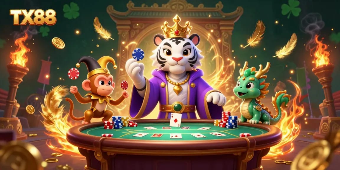 Engage in thrilling poker action with TX88 as a white tiger reigns over the gaming table.