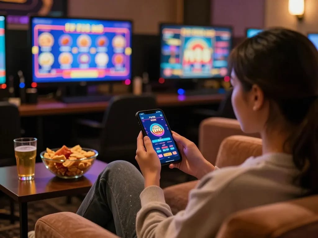 Engaging with the Fly88 MB app in a cozy lounge setting, vibrant gaming atmosphere.