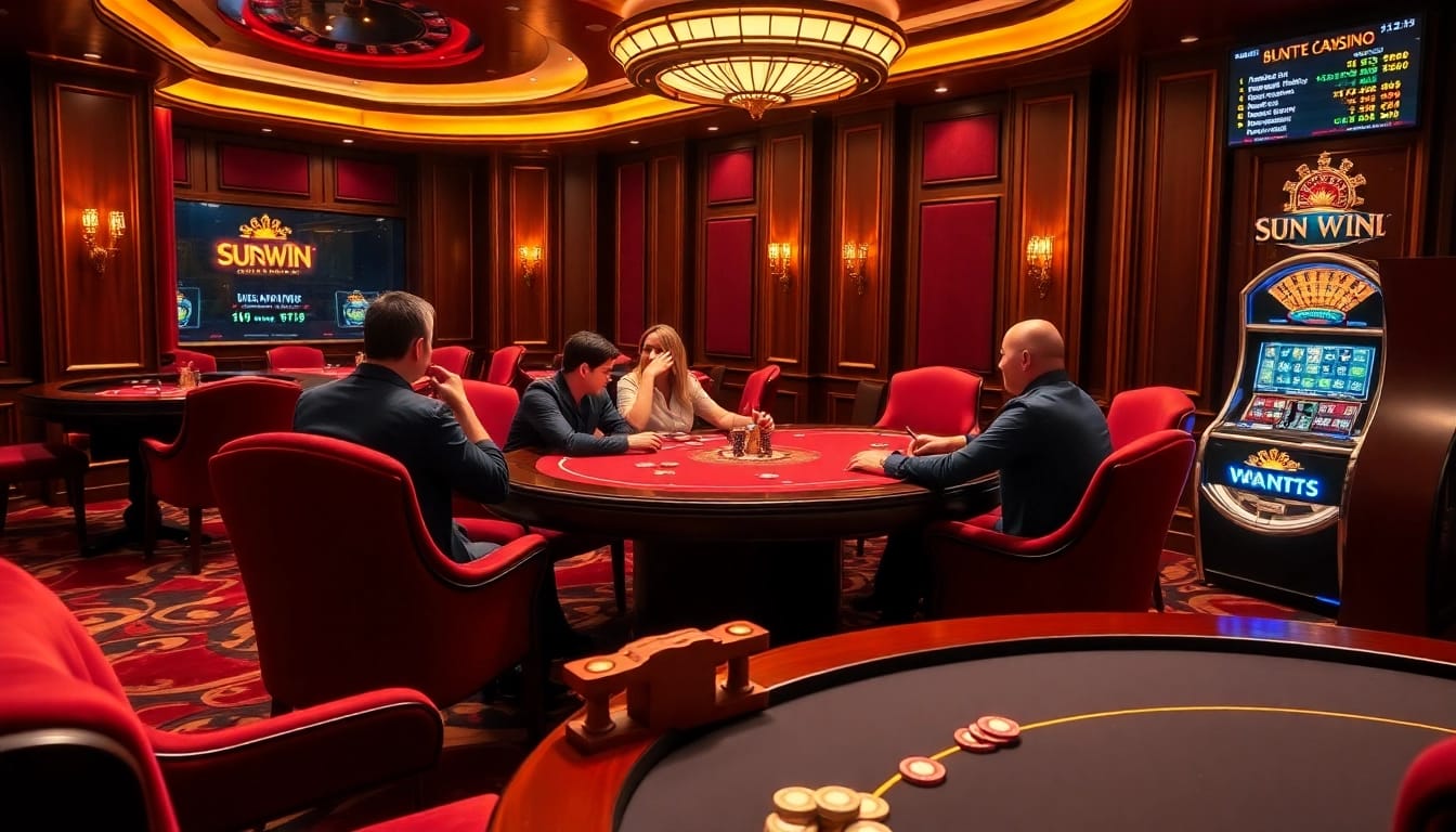 Experience the thrill of sun win gaming at a luxurious casino poker table with engaged players.