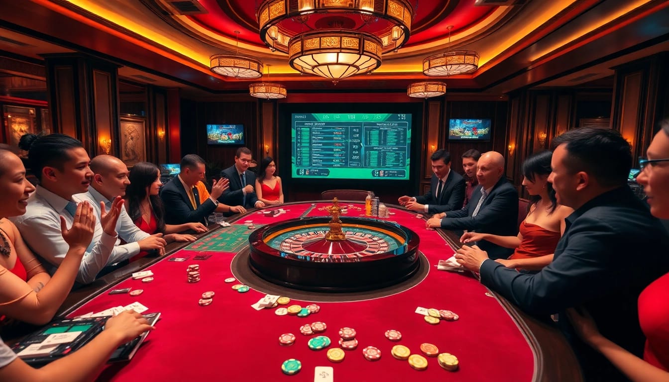 Players strategizing at a gaming table with chips and cards at https://giaimagiacmo.online/ for an exciting casino experience.