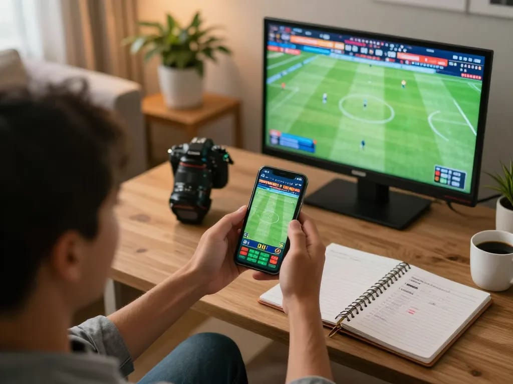 Engaging sports betting moment featuring a user on a smartphone at trang cá cược bóng đá site, showcasing strategic notes.