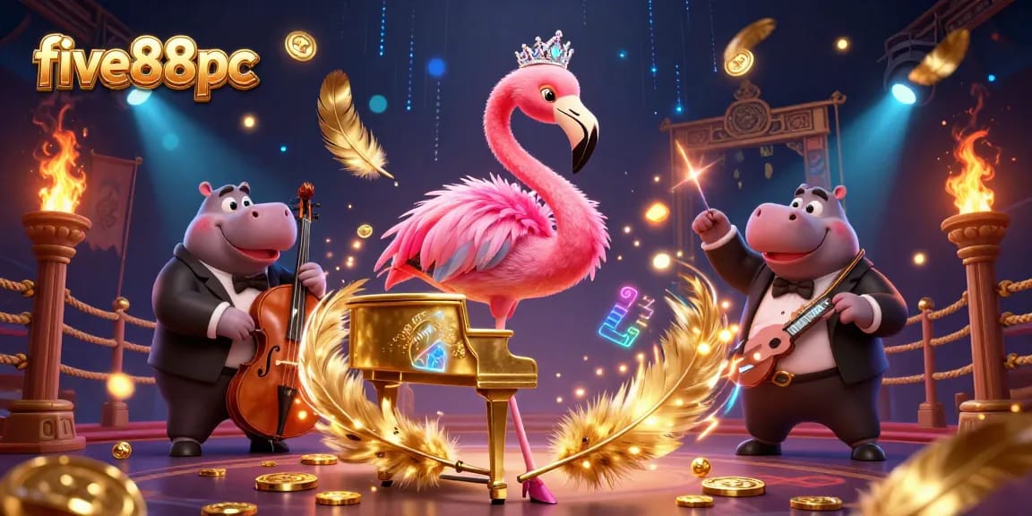 Experience the vibrant energy of five88pc with a cartoon casino scene featuring a flamingo singer and hippo bassist.