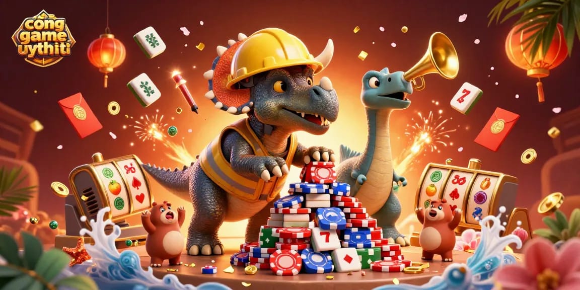 Engage with cổng game uy tín as a triceratops builds poker chip pyramid amidst festive gaming elements.