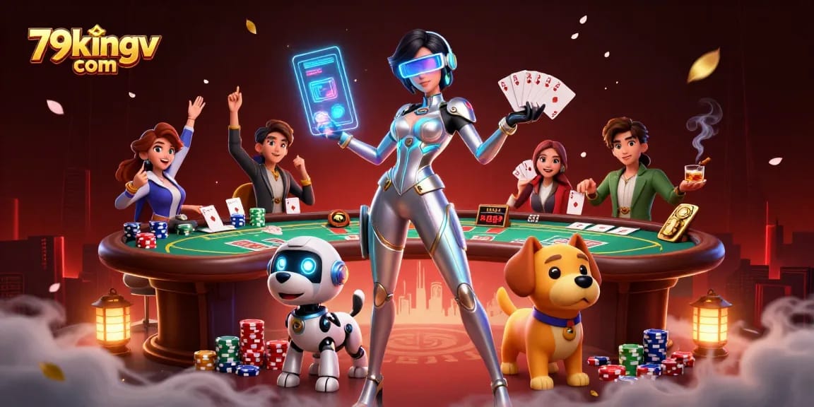 Experience gaming at 79kingv com with a vibrant 3D casino scene showcasing poker excitement.