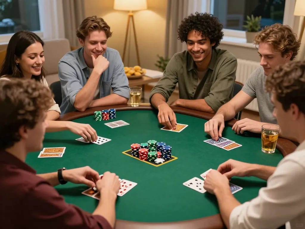 c168 players enjoying an engaging poker game at home with colorful chips and cards.