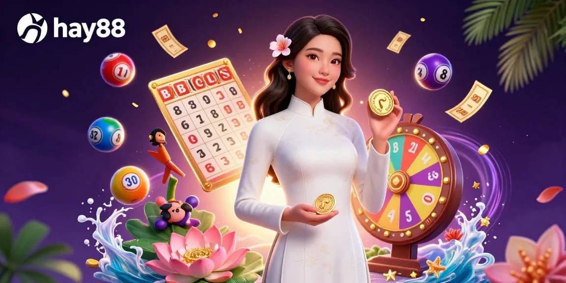 Win big at hay88 with vibrant lottery elements and elegant Asian woman immersed in a casino atmosphere.