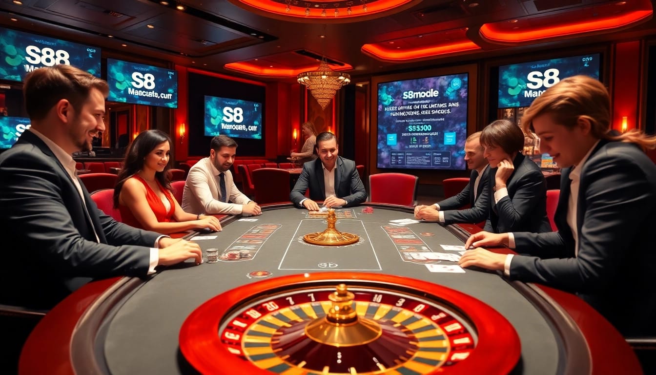 Players enjoying a thrilling poker game at https://s8mode.com/ with vibrant casino elements and luxurious ambiance.