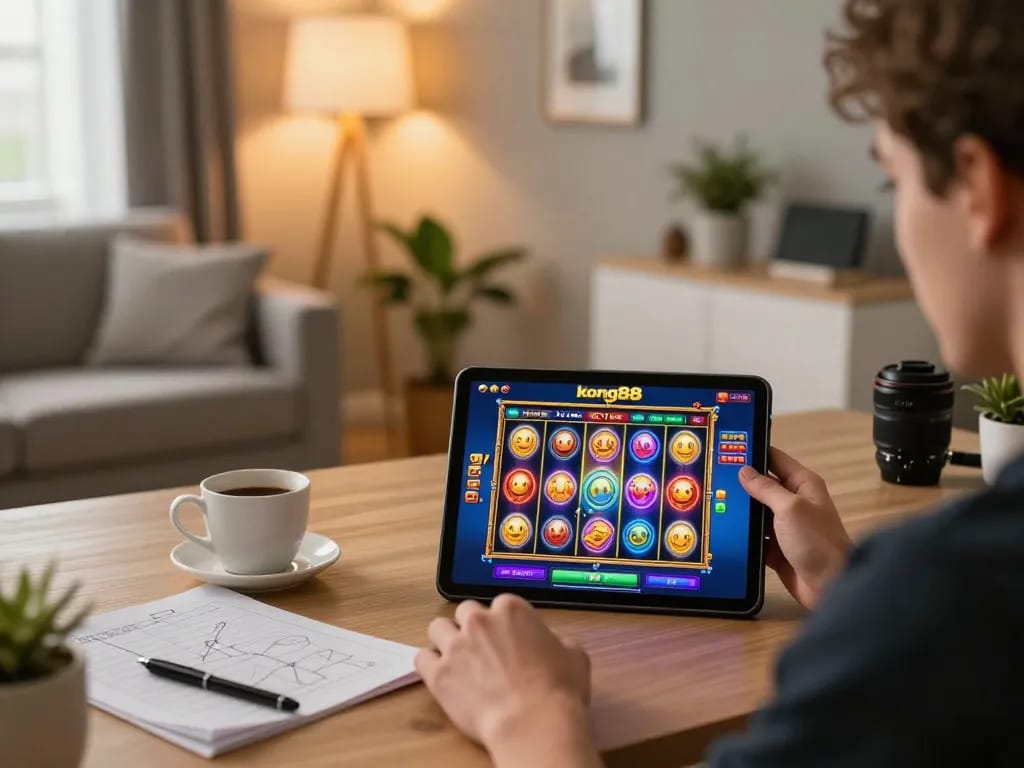 Kong88 user engaging with colorful online slot games on a tablet in a cozy home setting