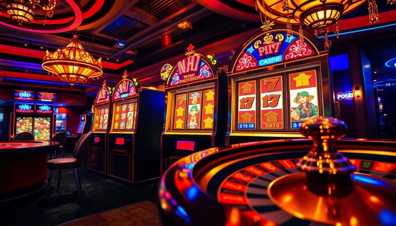 Exciting casino scene showcasing a nổ hũ slot machine with vibrant lights and colorful poker chips.