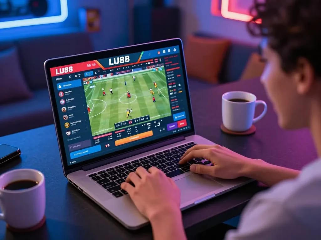 Betting on LU88 sports events using a laptop in a cozy lounge, capturing excitement and engagement.