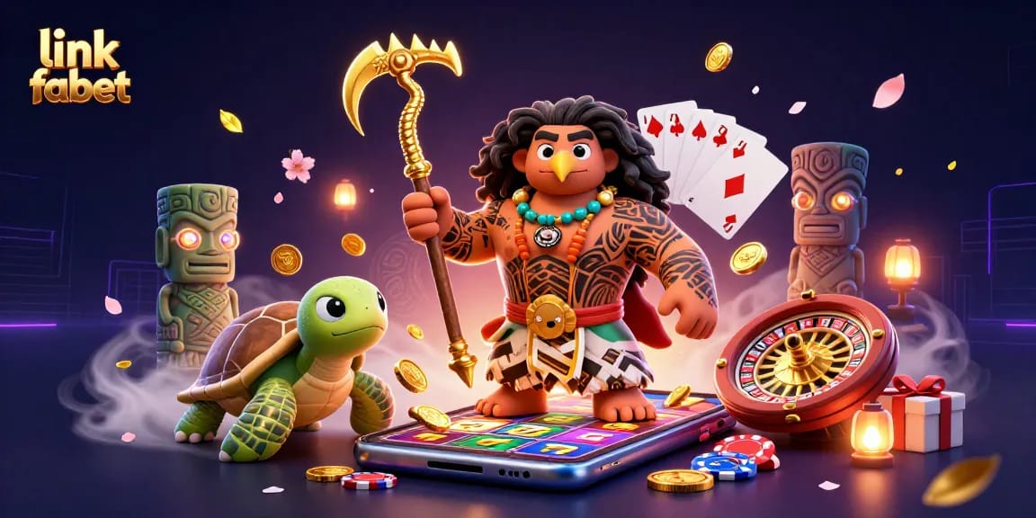 Spin and win with link fabet in this vibrant Polynesian-inspired casino scene.