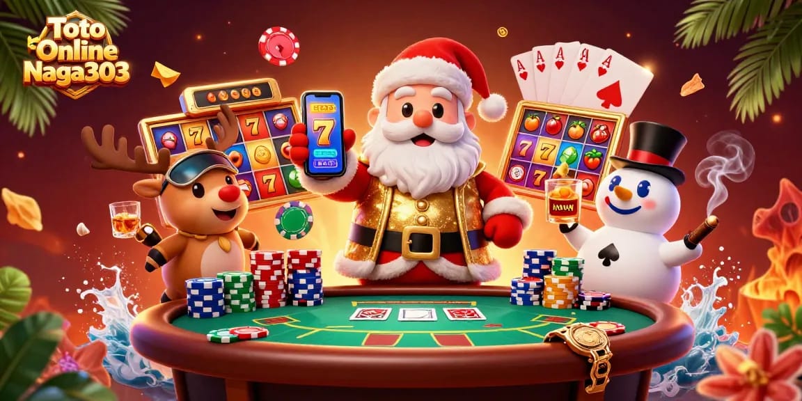 Toto Online Naga303 showcases a vibrant 3D scene with Santa playing slots and festive casino elements.