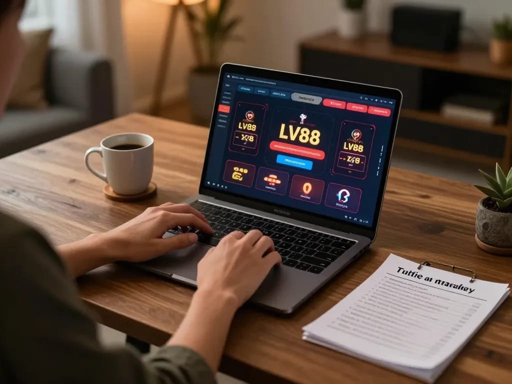 Player engaging with LV88 online casino on laptop, illustrating responsible gaming in a cozy home setup.