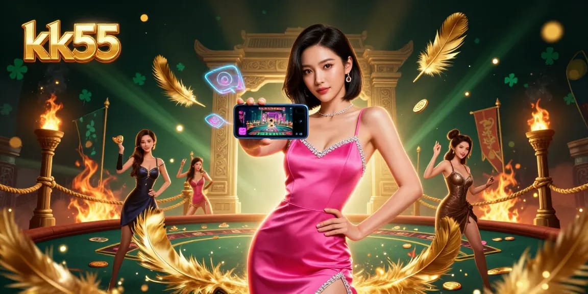 kk55 showcases a confident woman engaging with a live dealer casino game in a vibrant, immersive setting.