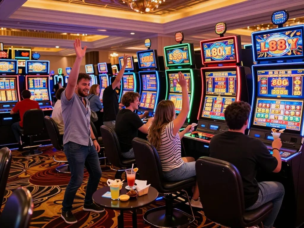 Excited players at the Lucky 88 slot machine celebrating a big win in a vibrant casino.