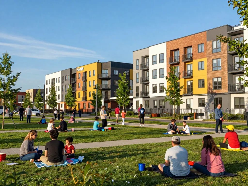 Five88 community development featuring diverse families enjoying the park and modern residential buildings under sunny skies.