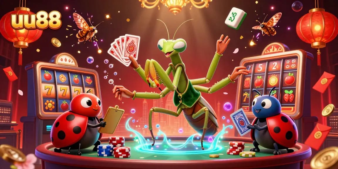 Experience uu88's vibrant casino scene with a giant praying mantis card sharp and dynamic game elements.