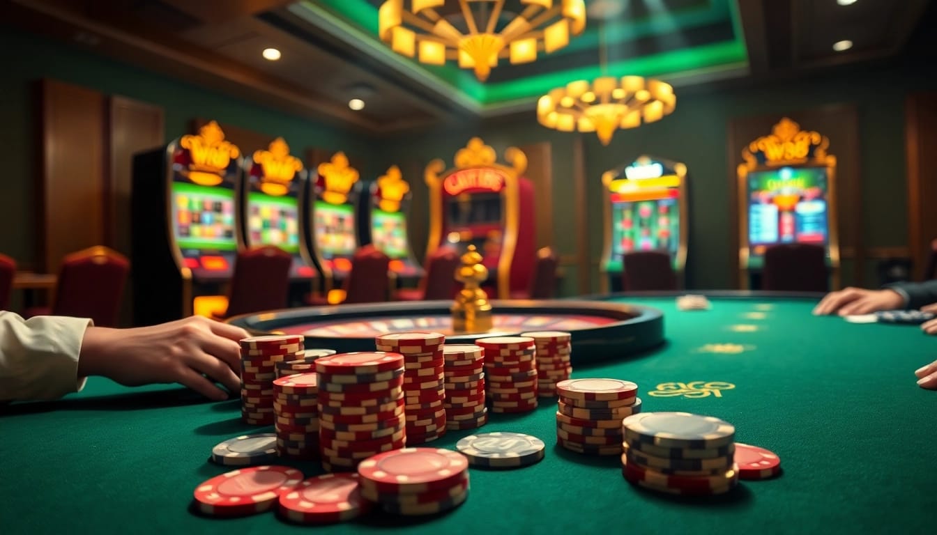 Experience thrilling gameplay at ww88 with a luxurious poker table and vibrant slot machines in a casino setting.