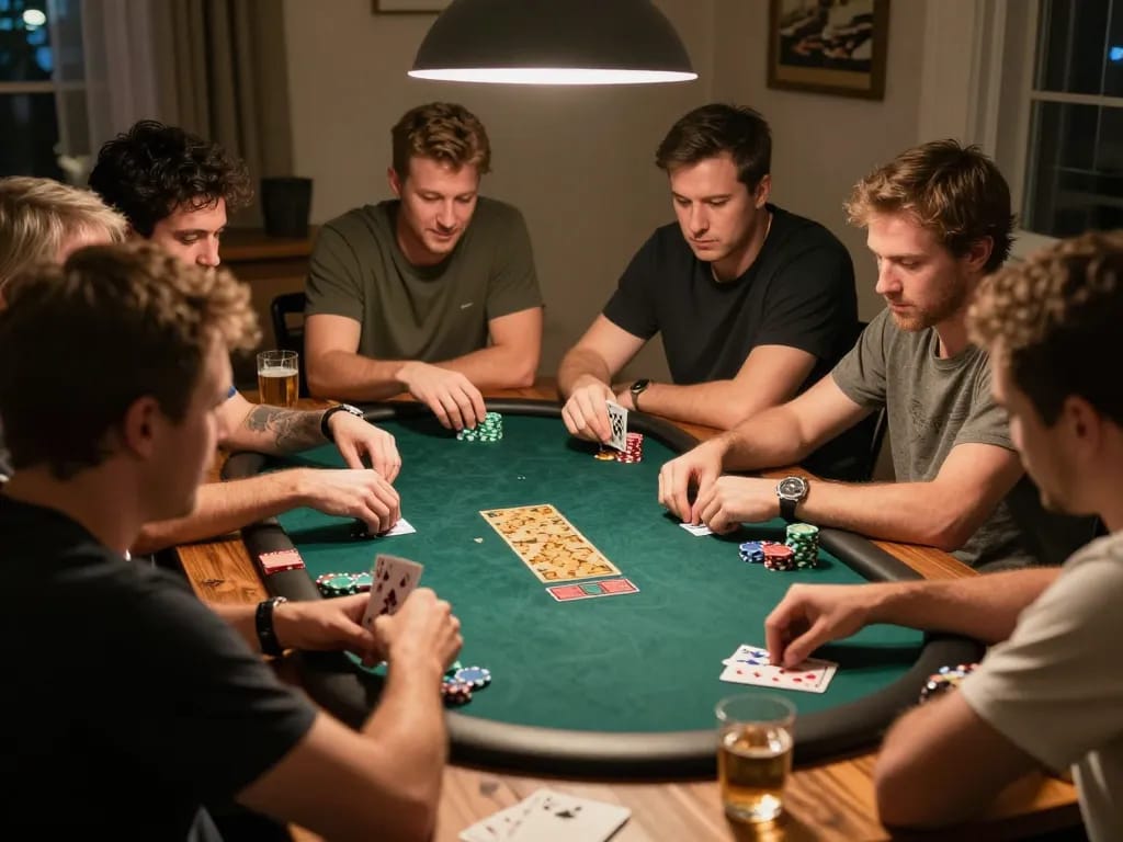 Players engaging in high-stakes poker with ALO8 strategies in an inviting home atmosphere