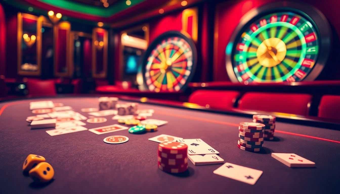 A vibrant casino scene showcasing b62 tài xỉu table with cards, chips, and a roulette wheel, exuding excitement.