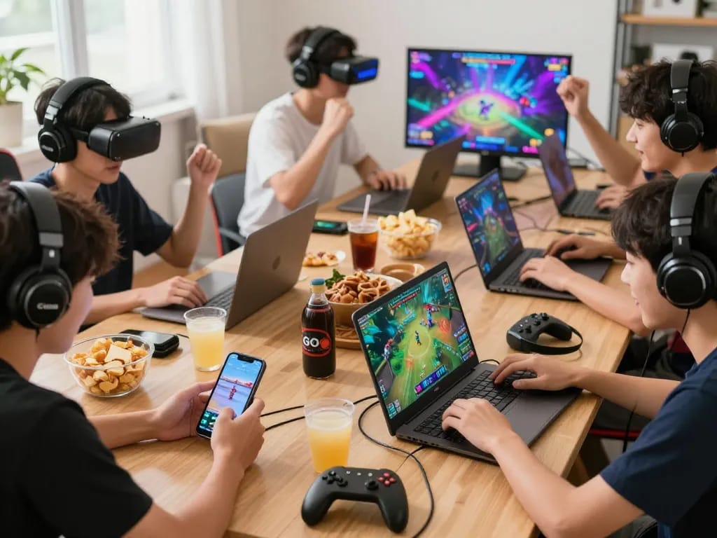 Players enjoying GO 88 gaming on multiple devices in a lively, colorful environment.