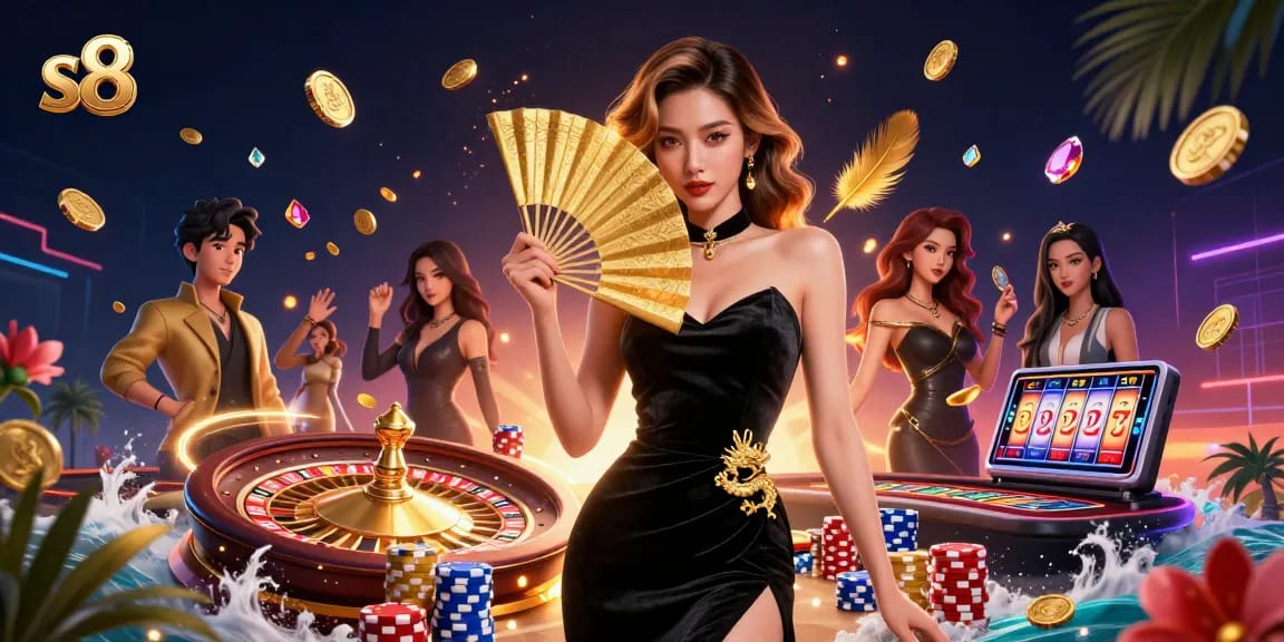 Experience thrilling gameplay at S8 casino featuring a stunning Asian woman among swirls of golden coins and slot reels.