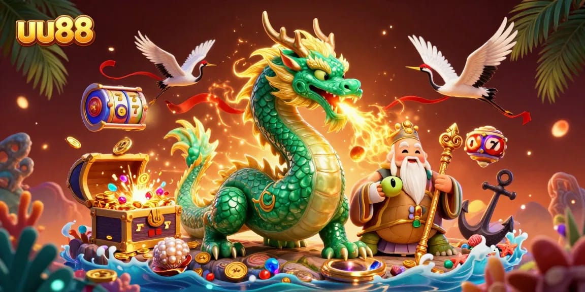 Experience the excitement of uu88 with vibrant dragons, treasure chests, and golden elements in 3D casino illustration.