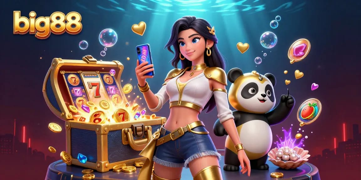 big88 slot game action with an elegant Asian woman and playful panda mascots capturing casino excitement.