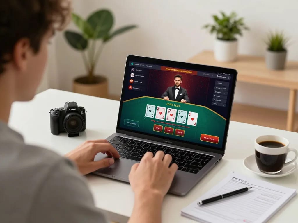 Bet88i player engaging in online blackjack with strategy notes and coffee at a well-lit home desk.