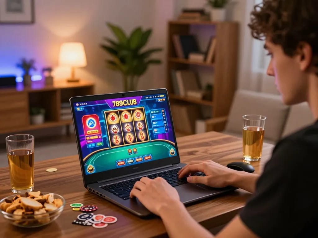Engaged player using laptop to enjoy 789CLUB online casino games in a cozy home setup.
